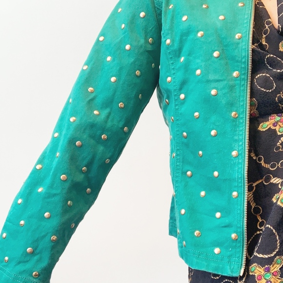Green and Gold Studded Jean Zip Jacket - Picture 2 of 4